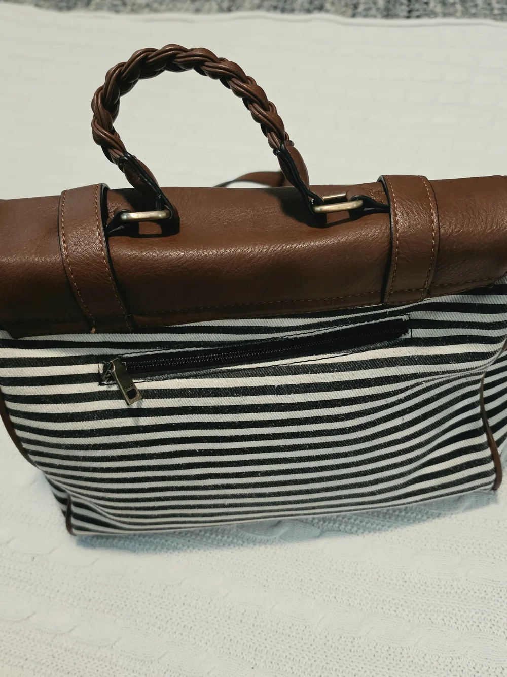 Jen & Co Brown Leather Braided Handle Striped Embroidered Padded Camera Bag Boho